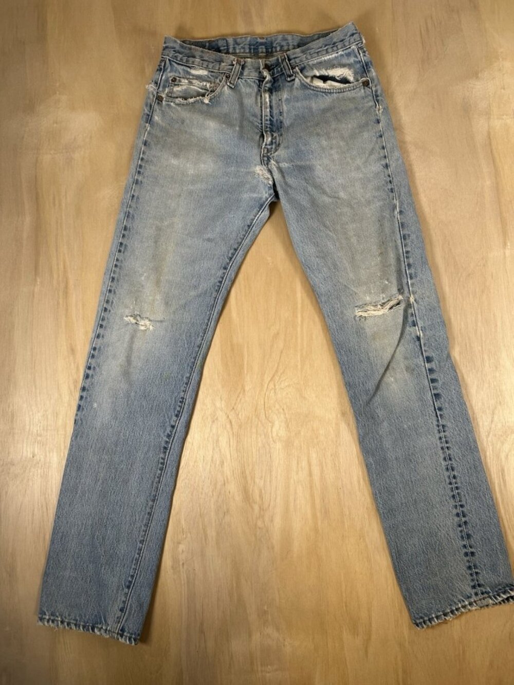 Levis 505 XX Men’s 32x33, Tag 32x34 Blue Denim Distressed Straight Zipper Jeans